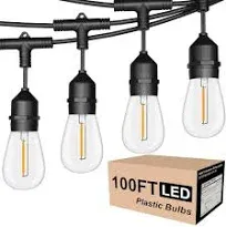 Outdoor String Lights LED 100FT Commercial Grade Heavy Duty with 30 Sockets 32 Shatterproof Include 2 Spare S14 Dimmable Plastic Edison Bulbs