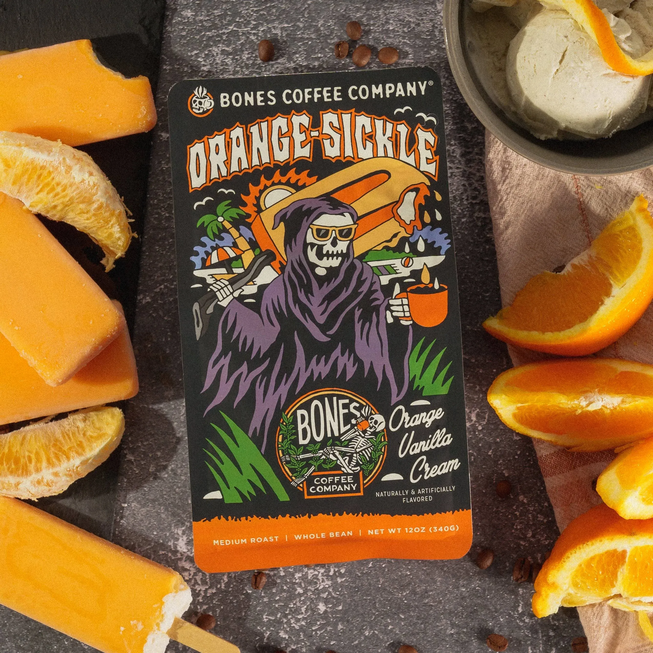 Bones Coffee Company Orange Sickle Ground Coffee Beans Orange Vanilla Cream Flavor, Low Acid Flavored Coffee, Made with Arabica Coffee Beans, Medium Roast Gourmet Coffee (12 oz)