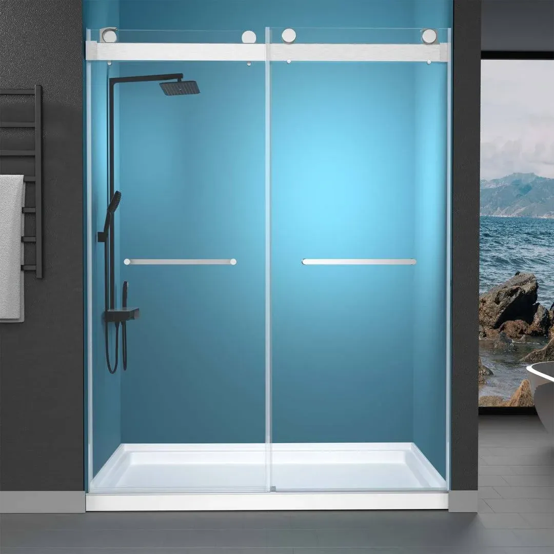 GETPRO Shower Door 69-72" W x 79" H Frameless 3/8 inch Tempered Glass Shower Doors Double Sliding with Upgraded Soft Closing and Anti-Jumping System Width Adjustable Brushed Nickel