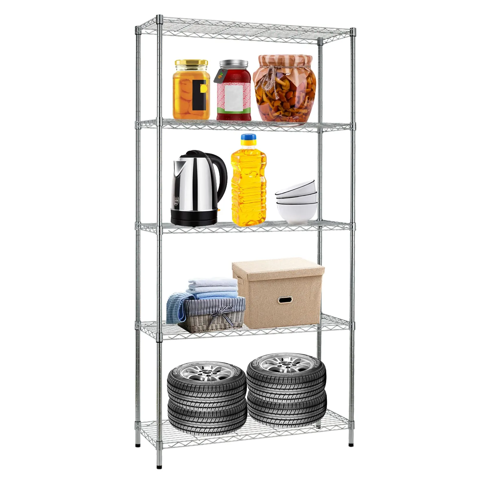 Chrome 5 Shelf Wire Shelving Unit, Garage NSF Metal Shelf Organizer Large Storage Shelves Heavy Duty Height Adjustable Utility Commercial Grade Steel Layer Shelf Rack (1250 LBS Capacity) - 72x36x14