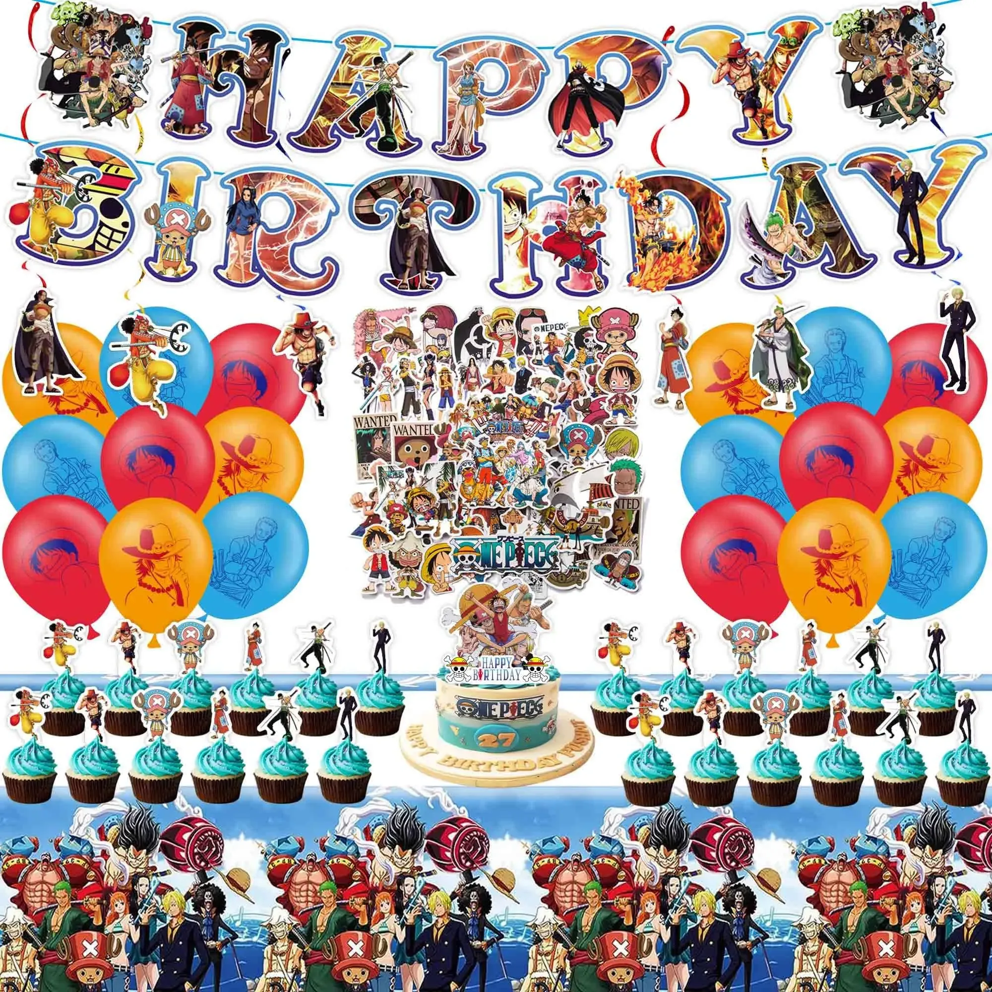 98pcs Anime Birthday Party Supplies, Party Decorations Include Stickers, Birthday Banner, Cake Toppers, Tablecloth, Latex Balloons for Kids