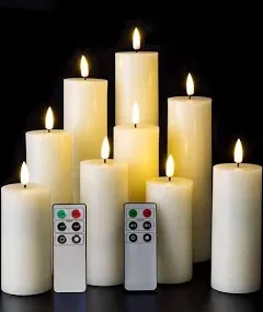 Eywamage Realistic Ivory Slim Flameless Pillar Candes with Remote Real Wax Flickering Tall LED Battery Fireplace Candles Set of 9