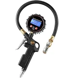 CZC AUTO Digital Tire Inflator Pressure Gauge, LED Display Tyre Deflator Gage with Straight Brass Lock-on Chuck Rubber Hose, Compatible with Air Pump Compressor for Truck Bus RV Car Motorcycle Bike