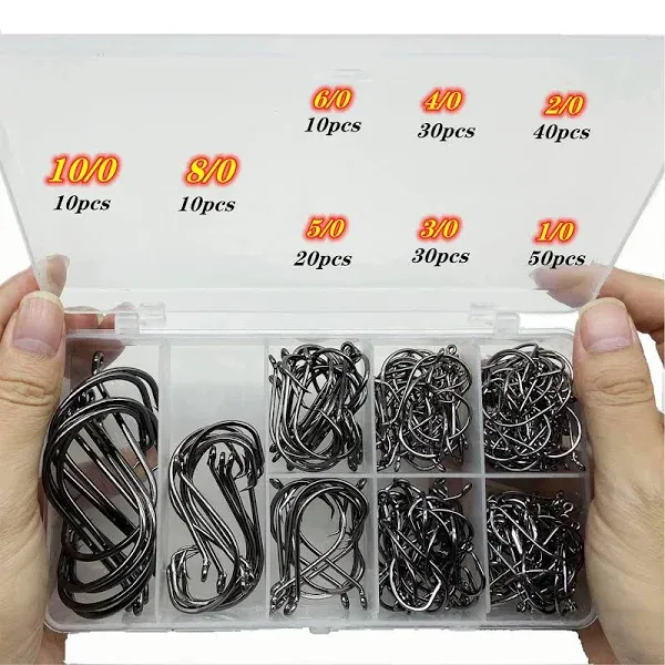 200Pcs/Box（Size:10/0... to...1/0 Strong Octopus Fishing Hooks, Forged Steel/Barded Design, Off-Set Point/Closed Eye, Strong/Sturdy, 10/0 8/0 6/0 5/0 4/0 3/0 2/0 1/0 Mixed Packaging