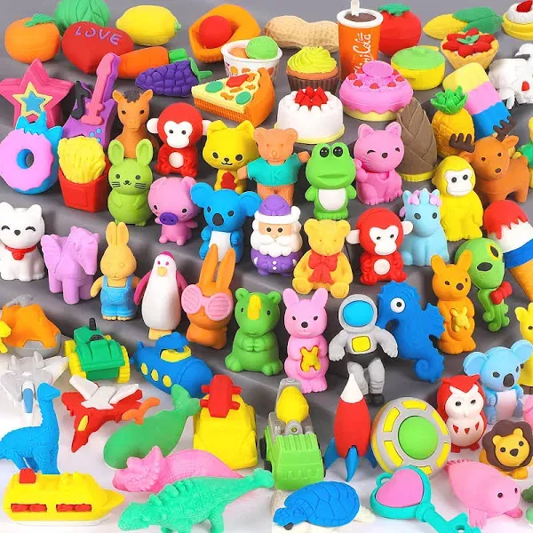 70 Pack Animal Erasers for Kids Bulk Desk Pets Classroom Prizes Treasure Box ...