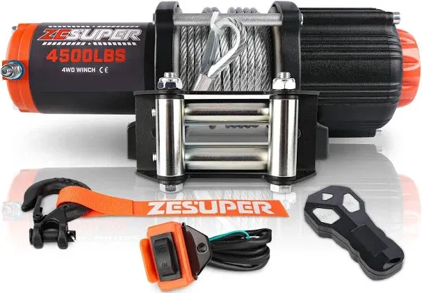 ZESUPER 4500-lb Waterproof Winch Waterproof IP67 Electric Winch with Hawse Fairlead, with Both Wireless Handheld Remote (Steel Cable)