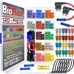 120 Piece Full Range Fuse Assortment & Tap Kit: 108 Standard, ATO, ATC, ATS, APR Automotive Fuses 2A 3A 4A 5A 7.5A 10A 15A 20A 25A 30A 35A 40A, 2 Taps (12V, 12AWG), Ties, Connectors, Puller