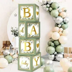 Sage Green Baby Boxes with Letters for Baby Shower, 4pcs Safari Baby Shower Decorations for Boy Girl Balloon Boxes Gender Reveal Baby Shower