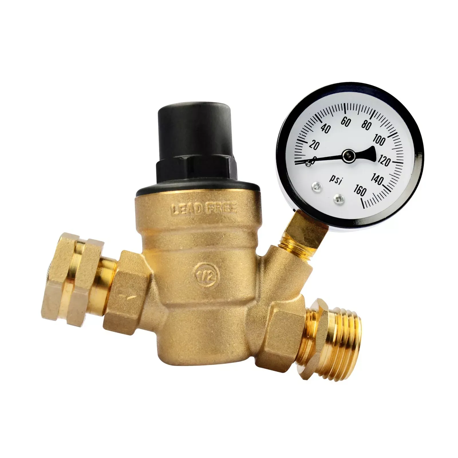 LCW RV Camper Water Pressure Regulator Brass LEAD FREE Adjustable Pressure Gauge