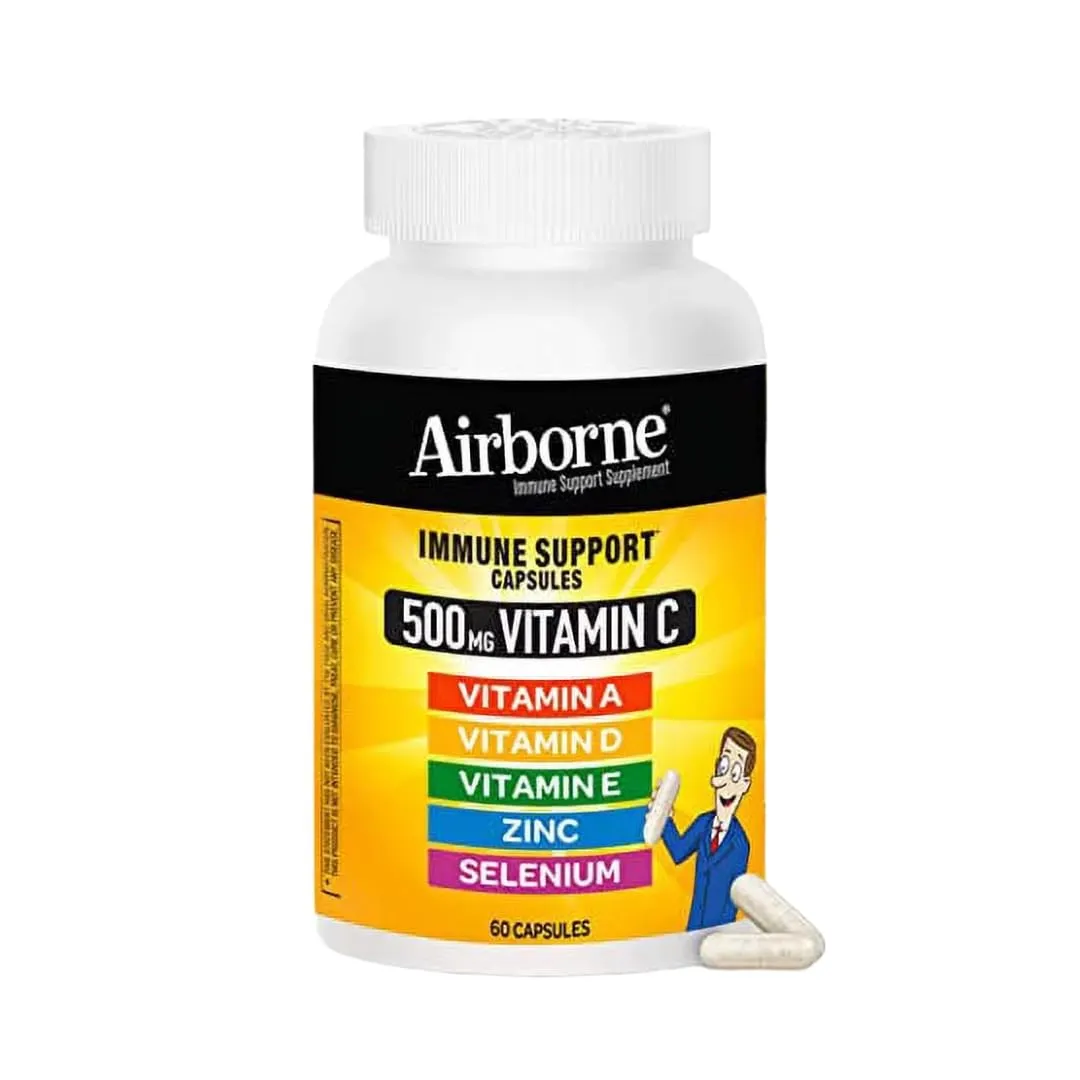 Airborne Vitamin C 500mg Capsules With Zinc & Selenium, Immune Support Supplement For Adults with Powerful Antioxidants Vitamins A C & E + Vitamin D - 60ct Bottle (30 Servings)