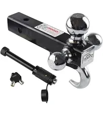 TOPTOW 64180HL Trailer Tri Ball Hitch with Hook, Fits for 2 inch Receiver, Chrome, 5/8 inch Hitch Lock Included