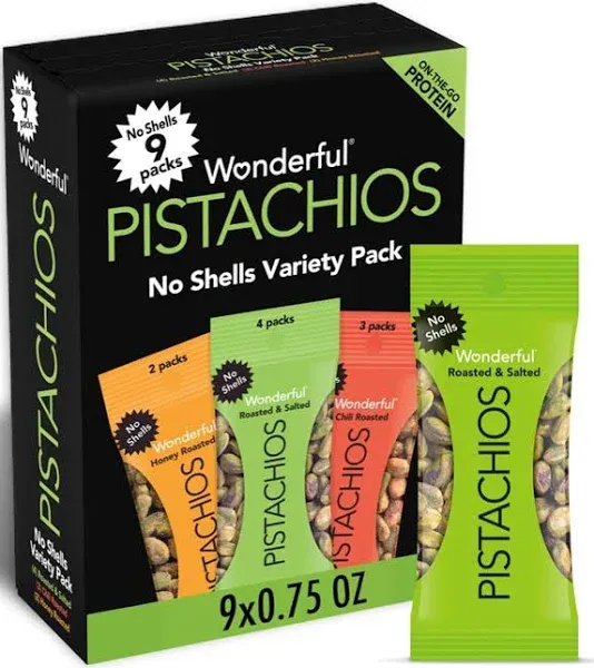 Wonderful® No Shells Roasted and Salted Pistachios Variety Pack, Assorted Flavors, 0.75 oz Bag, 24/Carton (WONPAR70086)