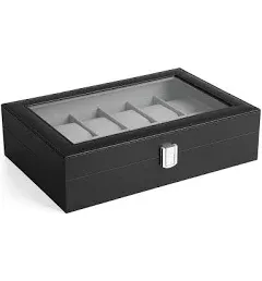 Songmics 12-Slot Black Synthetic Leather Watch Box  with Large Glass Window Lid 