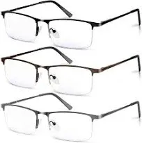 3 Pack Blue Light Blocking Reading Glasses for Men, Stylish Half Frame Metal Computer Readers, Lightweight Spring Hinge Eyeglasses Anti Eyestrain/