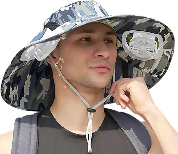 Sun Hat with 2 Solar Fans, Mens Summer UV Protection Wide Brim Fishing Cowboy 