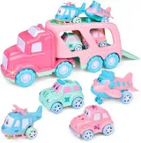 FUN LITTLE TOYS Truck Toys for Kids 2-4, Kids Toys Girls Age 2 3 4 5, Toddler Princess Girl Toys Carrier Truck with Cars and Planes, Christmas Gifts for Toddler for 2 3 4 5 Year GIrls