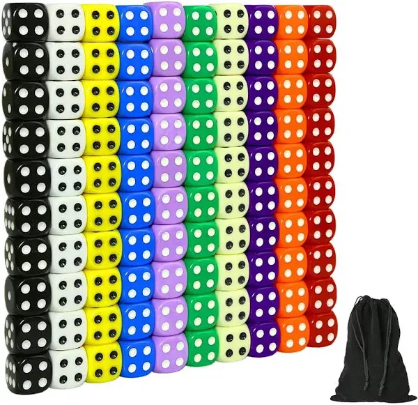 SUNMON 100 Pcs Multi-Color Dice Set – 10 Assorted Transparent Color with 10 Pcs Each, 16mm D6 Standard Dice with Extra Carrying Bag, Perfect for Board & Dice Games and Other Casino Games