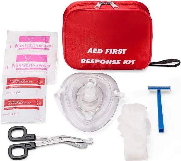 AED First Kit with CPR, Gloves, Razor, Scissors, Gauze Pads, and Cleansing Wipes for AED Training