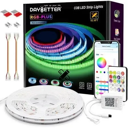 DAYBETTER RGB Smart IC COB LED Strip Lights, High Density Uniform LED Lights with Built-in IC Chips, App-Control, Flexible Dream Color COB Lights with 24V Adapter for Bedroom, Easter Decor, 32.8ft