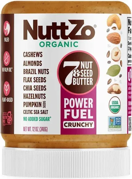 NuttZo Natural Power Fuel Crunchy 7 Nuts & Seeds Butter | Paleo and Keto Friendly | Peanut & Gluten Free, Kosher, No Added Sugar or Oil | 12 oz Jar, 6 Pack