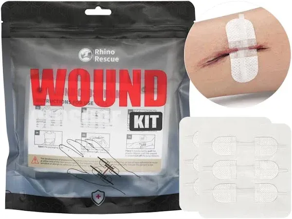 RHINO RESCUE Wound Closure Kit, 6pcs with Dresssings, Wound Closure Strips Without Suture, Stitch Zip Laceration Closure Kit for Cut Care, Adhesive Wound Closure Bandages, HSA/FSA Eligible