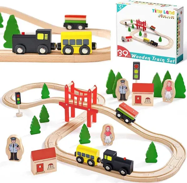 Tiny Land Wooden Train Set for Toddler 39 Pcs with Wooden Tracks Fits Thomas, Fits Brio, Fits Chuggington, Fits Melissa and Doug