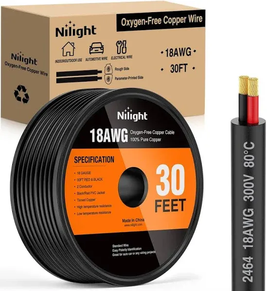 Nilight 30FT 14AWG Oxygen-Free Copper Wire Red Black Electrical Wire Stranded PVC Cord 2 Conductor Parallel 300V DC Flexible Extension Cords for LED Strips Lamps Lighting