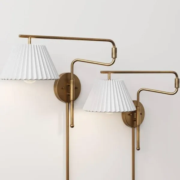 Nathan James Kai Modern Wall Mounted Plugin Bedside Reading Lamp with Pleated Shade, Vintaged Brass Finish, Set of 2