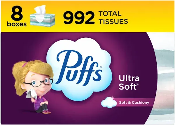 Puffs Ultra Soft Non-Lotion Facial Tissues, 1 Family Box, 124 Tissues Per Box