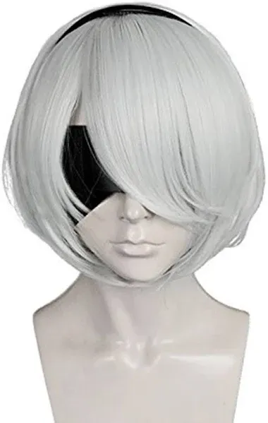 Anogol Hair Cap+ Grey Bob Wig Cosplay Grey Short Wig for Anime Costume Grey Straight Synthetic Hair Costume Fancy Dress Halleween Wigs (No Blindfold)