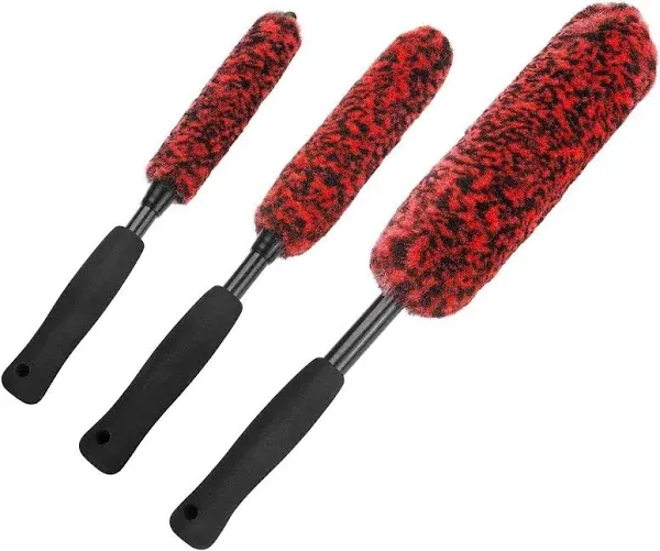 Car Wool Wheel Brushes for Cleaning Wheels Set (3 Pack), Metal-Free Black EVA 