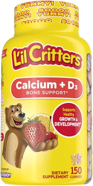 L’il Critters Calcium + D3 Daily Gummy Supplement for Kids, for Bone Support, Orange, Strawberry and Cherry Flavors, 150 Gummies