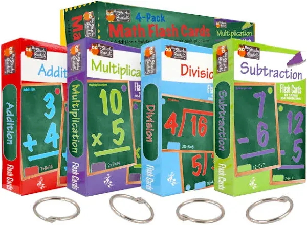 Regal Games Math Flash Cards for Multiplication, Division, Addition and Subtraction - 1st Grade, 2nd Grade, 3rd Grade Math & More - Flash Cards Math w/ 4 Binder Rings for Kids (208 Cards - 4 Packs)