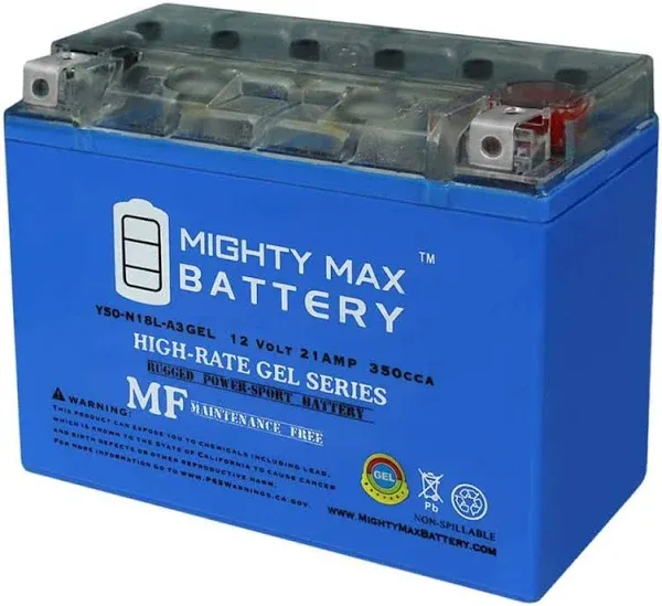 Mighty Max Battery Y50-N18L-A3GEL -12 Volt 21 AH, GEL Type, 350 CCA, Rechargeable Maintenance Free SLA AGM Motorcycle Battery