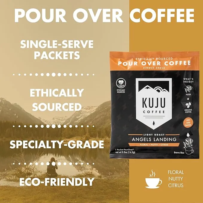 Kuju Coffee Premium Pour Over Camping Coffee Singles - 6 Pack Angels Landing, Light Roast - Superior Instant Pocket Coffee for Backpacking, Travel, and Camp