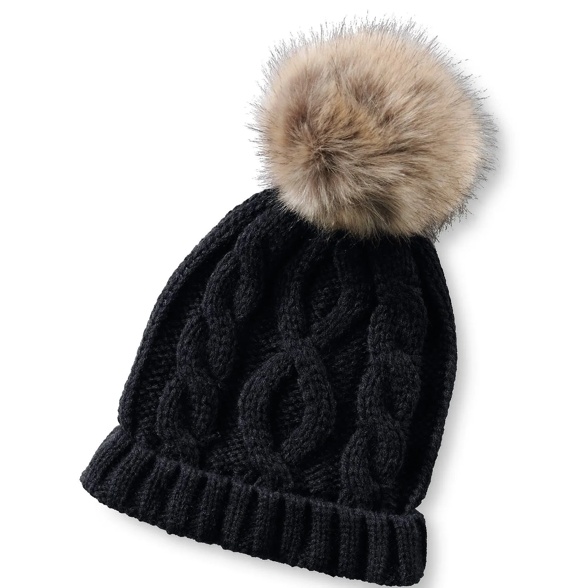 Lands' End Girls Faux Fur Pom Hat - Black