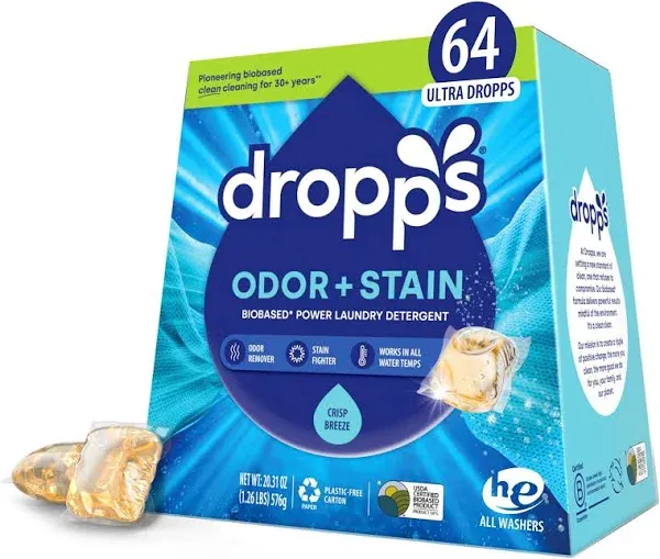 Dropps Laundry Detergent Pods - Power Stain Removal, Crisp Breeze Scent, Biobased - 64 Count