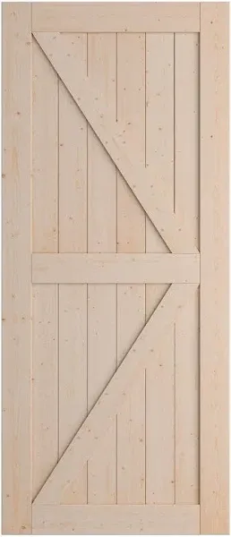 SmartStandard 36in x 84in Sliding Barn Wood Door Pre-Drilled Ready to Assemble, DIY Unfinished Solid Spruce Wood Panelled Slab, Interior Single Door Only, Natural, K-Frame (Fit 6FT-6.6FT Rail)