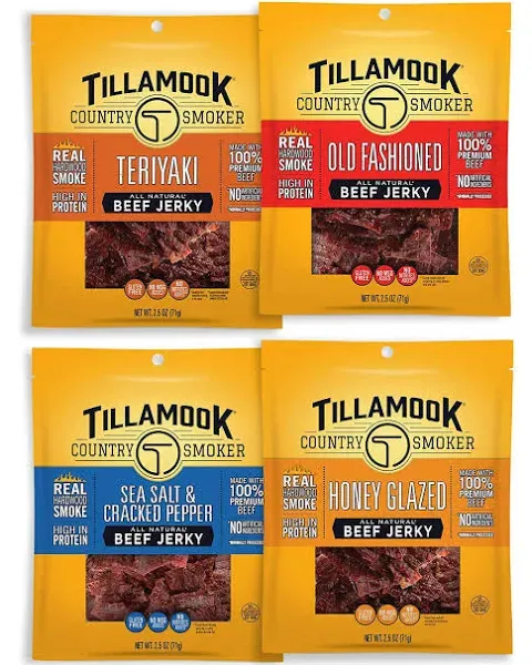 Tillamook Country Smoker Real Hardwood Smoked Beef Jerky Variety Pack, 2.5 Ounce (Pack of 4)