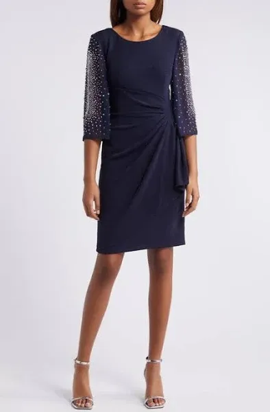 Adult Alex Evenings Short Sheath Dress with Embellished Illusion Split Sleeves and Skirt