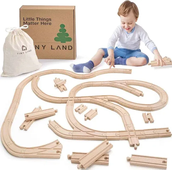 Tiny Land Wooden Train Tracks Set - 52 Pcs Train Track Expansion Pack Fits Th...