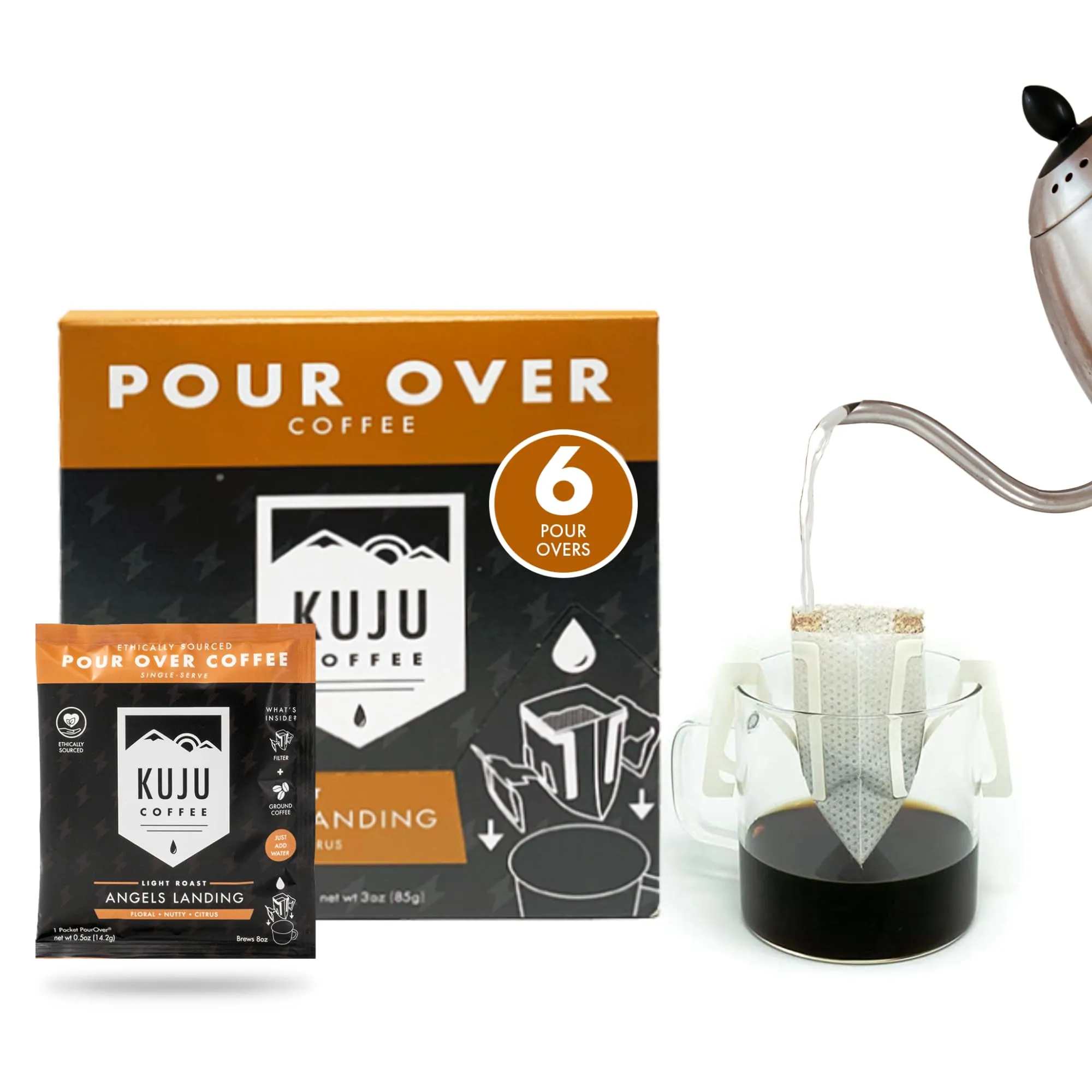 Kuju Coffee Premium Pour Over Camping Coffee Singles - 6 Pack Angels Landing, Light Roast - Superior Instant Pocket Coffee for Backpacking, Travel, and Camp