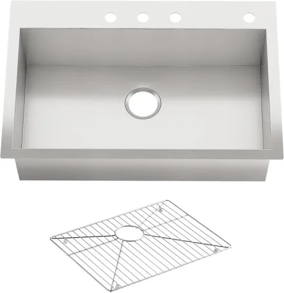 KOHLER Vault Stainless Steel 33" Double-Bowl Kitchen Sink with Single Faucet Hole K-3820-1-NA Drop-In or Undermount Installation, 9 inch Bowl