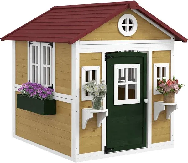 Outsunny Playhouse for Kids Outdoor, Wooden Playhouse with Doors, Windows, Planter Pots and Boxes for Toddlers 3-8 Years, Cottage Play House for