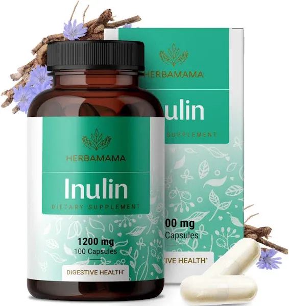 HERBAMAMA Inulin Capsules - 1200 mg Chicory Root Inulin Prebiotic Fiber Supplement - Inulin Powder for Gut Health & Digestive Support - Vegan, Non-GMO - 100 Caps