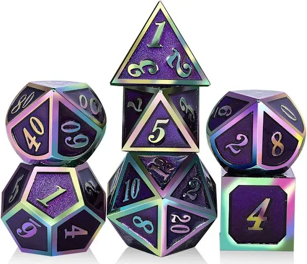 Purple Metal Dice Set D&D, DNDND 7 Die Enamel Polyhedral DND Dice Set with Metal Tin for Dungeons and Dragons and Role Playing Game