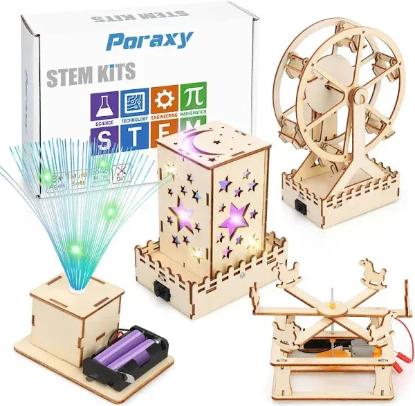 Poraxy 4 in 1 Stem Kits, Wooden Construction Science Kits, Stem Projects for Kids Ages 8-12, 3D Puzzles, DIY Educational Craft Building