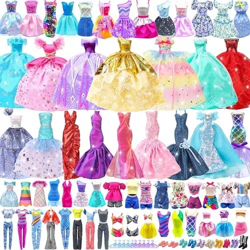 Style Shine 50 Pack Doll Clothes and Accessories, 4 Wedding Gowns 2 Evening Dresses 6 Fashion Dresses 6 Set Casual Outfits Top and Pant 2 Swimsuit