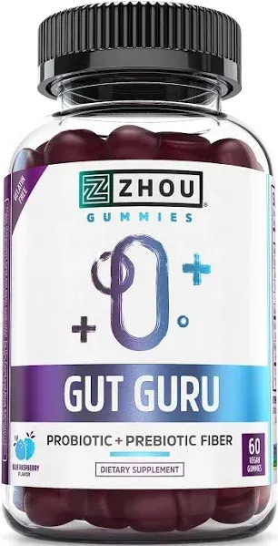 Zhou Nutrition, Gut Guru, Blue Raspberry, 60 Vegan Gummies