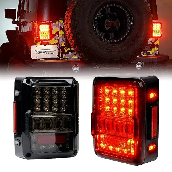 Xprite 4D Smoked LED Tail Lights Fit 2007-2018 Jeep Wrangler JK JKU Sahara/Rubicon/Sport, Plug & Play Rear Taillights w/Built-in Resistors, Parking, Brake, Turn Signal & Reverse Lights, DOT Approved